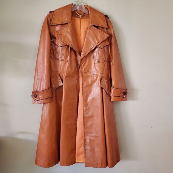 Vintage Women's Brown Leather Knee Length Coat Trench Cowgirl Western Rodeo - Picture 3 of 11